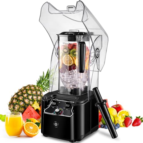 Commercial Blender for Smoothies 2200W with Sound-dampening Cover,2200 ML | 15 Speeds,6-leaves Stainless Steel Blade,Heavy Duty Blender for Restaurant,Ice Crush,Shakes, 9.5"D x 9"W x 19.7"H (Black)