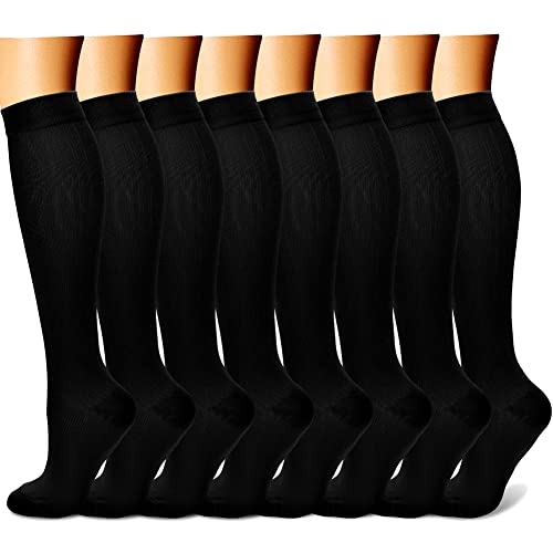 CHARMKING Compression Socks for Women & Men (8 Pairs) 15-20 mmHg Graduated Copper Support Calf Socks are Best for Pregnant, Nurses - Boost Performance, Circulation, Knee High Wide Calf(S/M, Black)