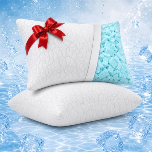 WGAKCED Cooling Pillows for Sleeping 2 Pack, Adjustable Shredded Memory Foam Pillows Queen Size Set of 2, Firm Bed Pillows for Side Back Stomach Hot Sleepers, Cold Pillow with Removable Washable Cover