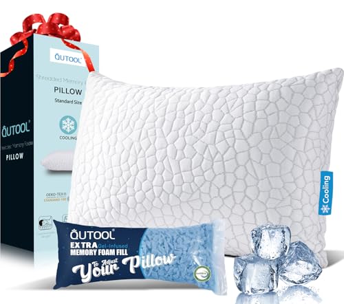 QUTOOL Cooling Pillow for Sleeping, CertiPUR-US Shredded Memory Foam Standard Pillow Set of 1, Cool Pillow for Hot Sleepers Adjustable Firm Pillow for Side,Back,Stomach Sleepers Soft Yet Support,White