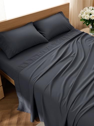 Bedsure Queen Sheet Set - 4 Pieces Soft Queen Size Sheets - Breathable & Cooling - Hotel Luxury - Easy Care Polyester Microfiber Bedding for Kids, Women, Men, Dark Grey