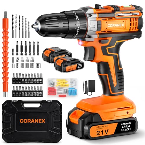 CORANEX 21V Cordless Drill Set with Case | Easy to Control & Lightweight | 2 Batteries | 3/8" Keyless Chuck | For Home Repair & Furniture Assembly