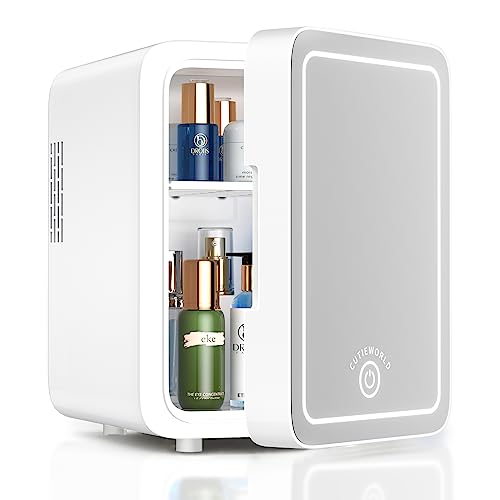 CUTIEWORLD Skincare Fridge with Dimmable LED Light Mirror, 4L Mini Fridge For Desktop, Travel or Cool & Heat, Makeup Fridge for Cosmetics, Skin Care and Food, White