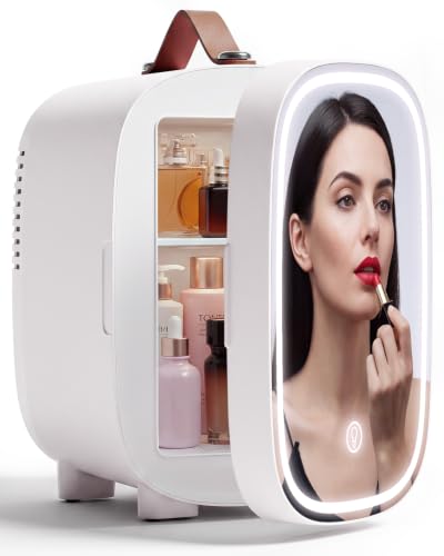 Mini Fridge for Bedroom, 4 Liter/6 Can Skincare Fridge With LED Mirror & Leather Carrying Handle, AC/DC Cooler & Warmer Portable Small Refrigerator for Drinks, Makeup, Dorm, Office and Car(White)