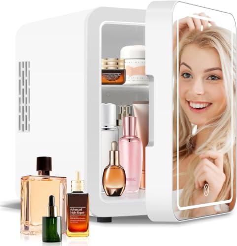 Lispin Mini Skincare Fridge, 4 Liter/6 Can Small Fridge with Dimmable LED Mirror, Cooler & Warmer Makeup Fridge for Skin Care, Cosmetics, Food,Drinks, Personal Refrigerator for Bedroom, Office, Car