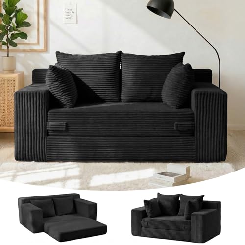 55" Small Boneless Couch, 3-in-1 Boneless Loveseat Sleeper Sofa Bed Convertible Sofa Bed with 4 Pillows, Black Corduroy Boneless Couch for Living Room, Guest Room, Small Space, No Assembly Required