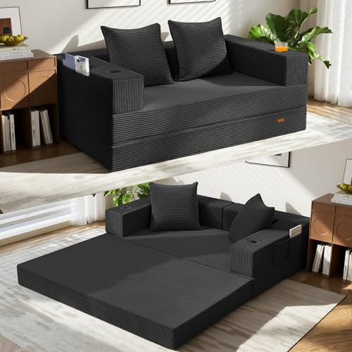 COMAX Futon Sofa Bed, 4‑in‑1 Convertible Sofa Bed, Folding Boneless Couches for Living Room, Fold Out Small Foldable Loveseat Floor Sleeper Comfy Mattress Lounge Space‑Saving, Black