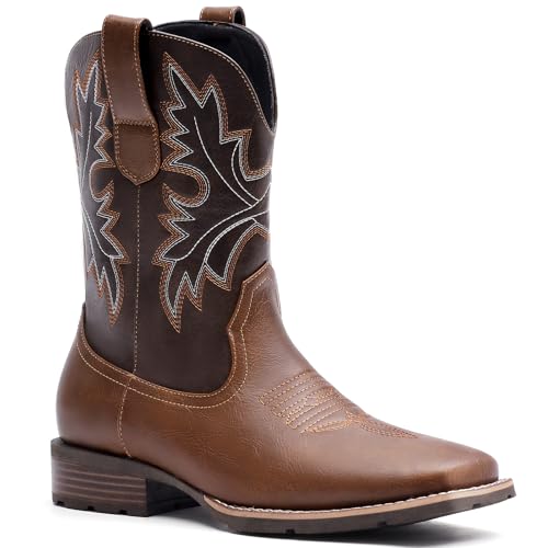 Lumeheel Cowboy Boots for Men - Western Men's Boots with Classic Embroidered, Slip on Square Toe Country Boots with Chunky Heel, Durable Short Ankle Boots for Spring Fall, Brown, Size 9