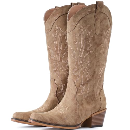 IUV Cowboy Boots For Women Western Cowgirl Boots Mid Calf Snip Toe