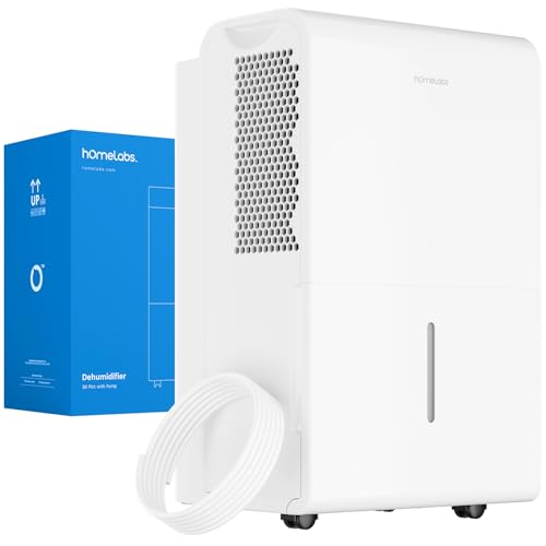 hOmeLabs Dehumidifier 7,500 Sq Ft Wi-Fi with Pump (50 Pint MAX 120 Pint at 95°F, 90% RH) for Home, Office, Basements with Powerful Moisture Removal, Humidity Control, Auto Shut-off, Quiet Operation