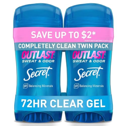 Secret Outlast Antiperspirant Deodorant for Women, 72hr Sweat & Odor Protection, PH Balancing Minerals, Pro-Hyaluronic Acid, Clear Gel, Completely Clean Scent, 2.6 oz (Pack of 2)