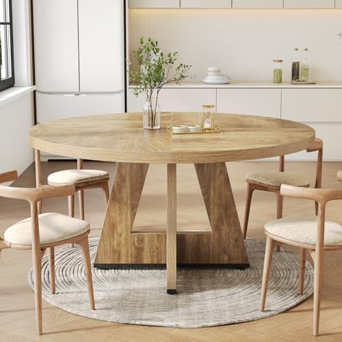 LITTLE TREE Round Dining Table for 4-6 People, 47 Inches Dining Room Table with Wooden Pedestal Base, Oak