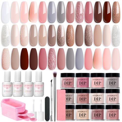 AzureBeauty 31 Pcs Dip Powder Nail Kit 20 Colors Nude Pink Glitter White
