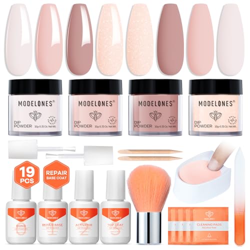 modelones Dip Powder Nail Starter Kit, 4 Colors Nude Pink Brown 19 Pcs