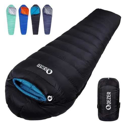 QEZER Down Mummy Sleeping Bag for Adults, 54°F to 28°F Warm Weather Lightweight Compact for Camping Backpacking Hiking, Outdoor Sleeping Bag with 600 Fill Power Down