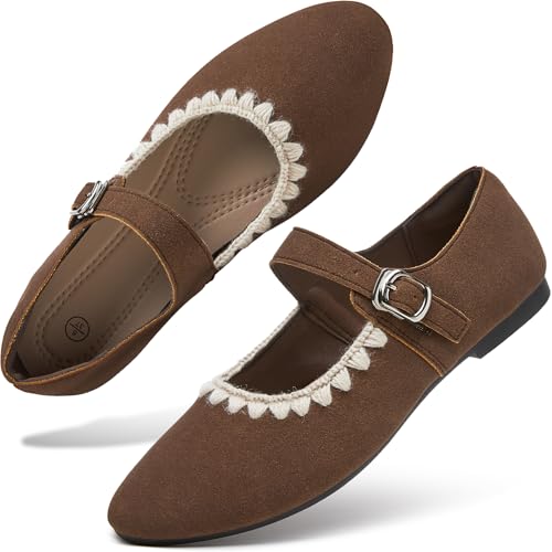 hash bubbie Women's Mary Janes Flats Shoes Black Ballet Flats Memory Foam Dress Shoes with Strap (Tan,US8)
