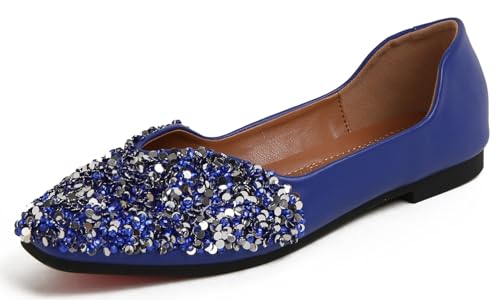 QXCGDYXT Blue Flats Shoes Women Rhinestone Square Fashion Ballet Flats Wedding Flats for Women Comfortable Slip on Low Heel Dress Shoes Size - 7.5