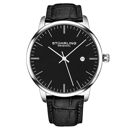 Stuhrling Original Men’s Watch Black Dial Dress Watch 40mm, Ultra Slim Mens Watch Black Leather Strap, Quartz Analog Mens Wrist Watch, Classic Minimalist Watch for Men