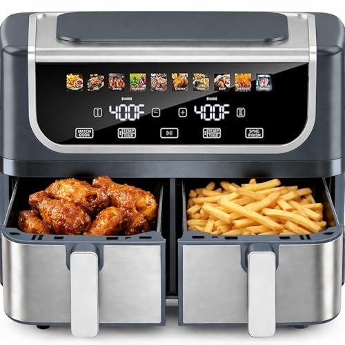 Simple Deluxe 9.5-Qt Dual Basket Air Fryer, 10-in-1 Digital Preset 1700W Airfryer, Sync Cook, Independent Temp Control, Shake Reminder, Nonstick Basket, Grey