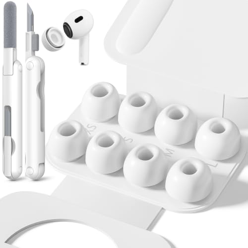 4 Pairs Replacement Ear Tips for AirPods Pro 2nd/1st Generation with Portable Storage Box & Cleaner Pen,Noise Reduction Holewith & Built-in dust Guard Screen,Silicone EarTips(White)