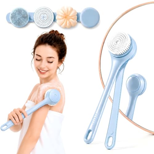 Electric Body Brush Back Scrubber for Shower, Waterproof Long Dual Handle Power Body Scrubber with 4 Heads, Bath Brush & 2 Speeds, for Cleansing, Exfoliating and Massaging Skin, Sky Blue
