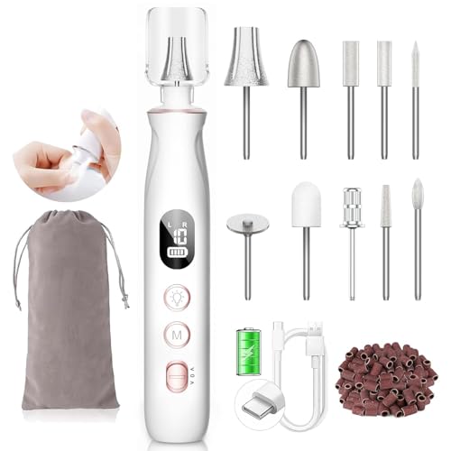 HSKAI Electric Nail File Drill, Cordless Toe Nail Grinder for Thick Toenails & Callus, 10-Speed 2000mAh Rechargeable Nail Filer, Manicure Pedicure Kit with LED Lamp, Gifts for Men Women