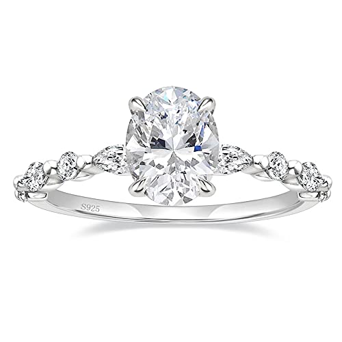 EAMTI 3 Carats 925 Sterling Silver Ring Oval Cut Cubic Zirconia Engagement Solitaire Marquise Promise Ring for Women Size 7