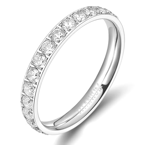TIGRADE 3mm Women Titanium Engagement Ring Cubic Zirconia Eternity Wedding Band Size 3-13.5, Silver, Size 6