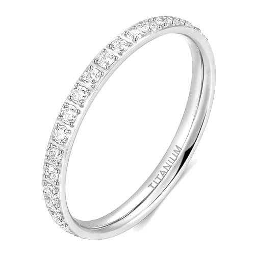 TIGRADE 2mm Women Titanium Eternity Ring Cubic Zirconia Anniversary Wedding Engagement Band Size 3-13.5, Silver, Size 5