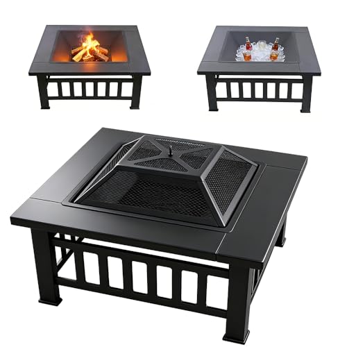 Quilushey 3-in-1 Multifunctional Square Fire Pit Table, 32-Inch Outdoor Metal Fire Pit with Ice Bucket, Black Powder Coated Iron, Charcoal Fueled