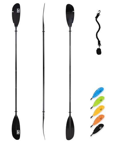 OCEANBROAD Adjustable Fishing Kayak Paddle - 94in/240cm-98in/250cm-102in/260cm Aluminum Alloy Shaft Paddles Kayaking Fishing Oar with Paddle Leash, Black