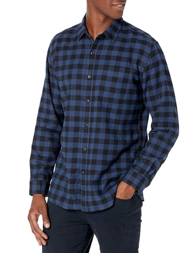 Amazon Essentials Men's Regular Fit Long-Sleeve Flannel Shirt, Soft Brushed Cotton, Lightweight yet Warm, Black Blue Buffalo Plaid, Large