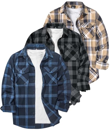 ZITY 3 Pack Men Plaid Flannel Shirts Long Sleeve Casual Button Down Collar Jackets for Men with Pockets