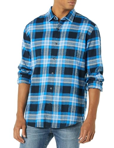 Amazon Essentials Men's Regular Fit Long-Sleeve Flannel Shirt, Soft Brushed Cotton, Lightweight yet Warm, Black Blue Grey Tartan Plaid, Large