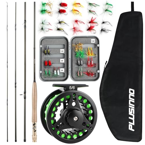 PLUSINNO Fly Fishing Rod and Reel Combo, 4 Piece Lightweight Ultra-Portable Graphite Fly Rod 5/6 9’ Complete Starter Package with Carrier Bag