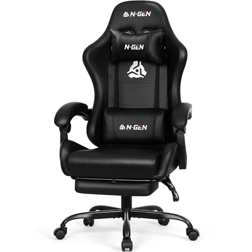 N-GEN GAMING Video Gaming Chair with Footrest Lumbar Support for Home Office High Back Recliner Height Adjustable Ergonomic Comfy Leather Computer Desk Chair (Carbon Black)
