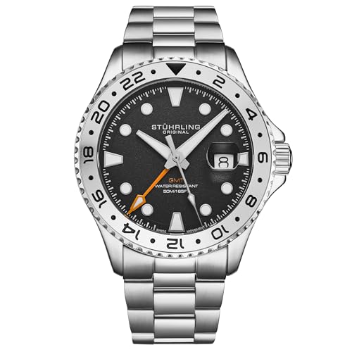 Stuhrling Original Equinox GMT 4077 Men’s 43mm Quartz GMT Watch – Dual-Time Movement, Bi-Directional Bezel, Stainless Steel Bracelet