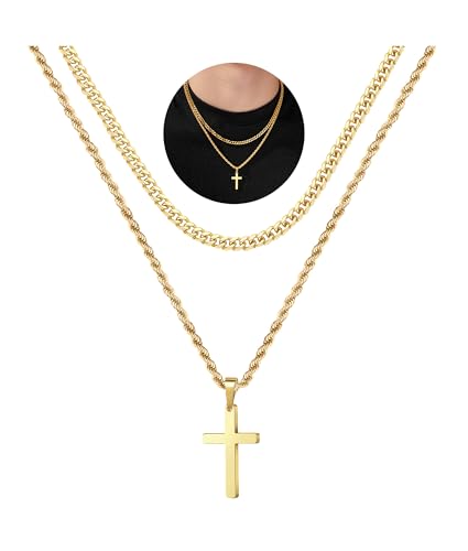 Yooblue Cross Necklace for Men, Mens Necklace 14K Gold Plated Cross Chain