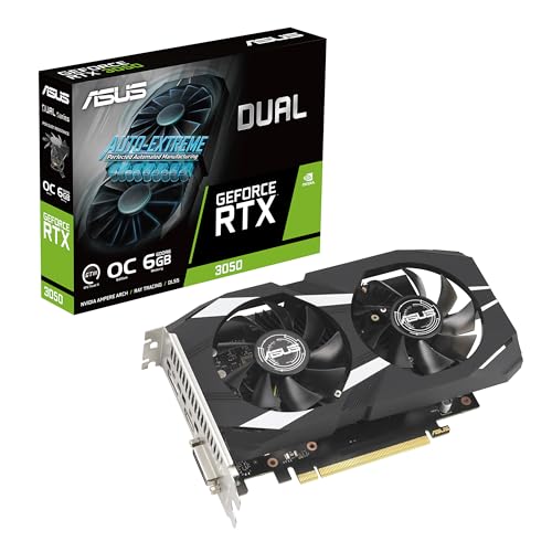 ASUS Dual NVIDIA GeForce RTX 3050 6GB GDDR6 OC Edition Gaming Graphics Card - PCIe 4.0, HDMI 2.1, DisplayPort 1.4a, 2-Slot Design, Axial-tech Fan Design, Steel Bracket, 3 Year Warranty