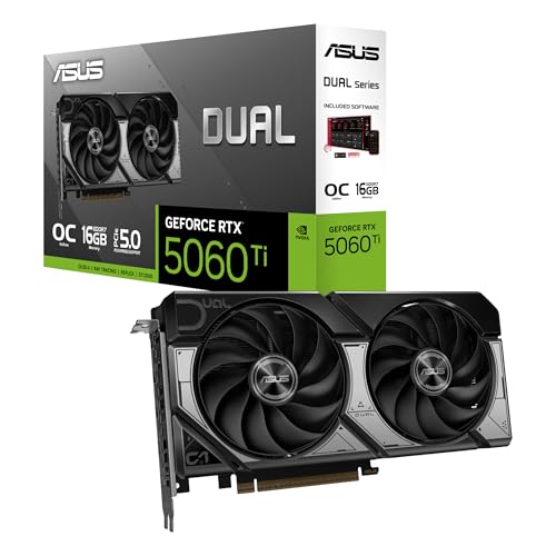ASUS Dual NVIDIA GeForce RTX 5060 Ti 16GB GDDR7 OC Edition Graphics Card, (PCIe 5.0, DLSS 4, HDMI 2.1b, DisplayPort 2.1b, 2.5-Slot, Axial-tech Fan, 0dB Technology), 3 Year Warranty