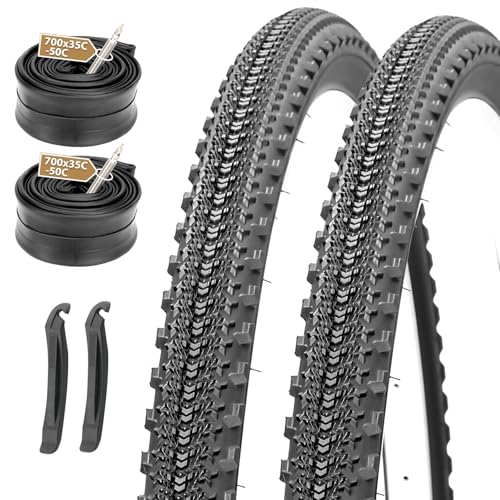 MOHEGIA 700c Gravel Bike Tires Set: 2-Pack 700x42c/42-622 mm Folding Bicycle Tires All-Terrain and Pair Inner Tubes with Tire Levers for Off-Road Adventures