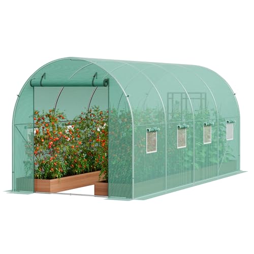 VEVOR Walk In Tunnel Greenhouse 14.6 x 6.4 x 6.3 ft Galvanized Steel Frame | for Outdoor Gardens, Green PE Cover Retains Warmth, Roll Up Zipper Door, 8 Ventilation Windows, Plant Growing Hoop House