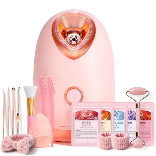 Pjordo Facial Steamer Spa Kit with 17 Skin Care Tools, Nano Ionic Face Steamer for Deep Cleaning Unclogs Pores, Warm Mist Humidifier Steamer for Face Home Sauna SPA, Self Care Gifts for Women