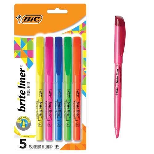 BIC Brite Liner Highlighters, Chisel Tip, 5-Count Pack, Assorted Colors