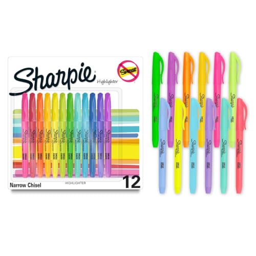Sharpie Pocket Highlighters, Chisel Tip, Assorted Colored Highlighters, 12-Pack