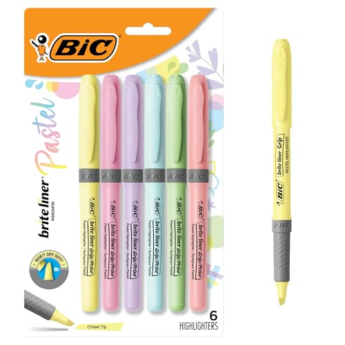 BIC Brite Liner Grip Pastel Highlighter Set, Chisel Tip, 6-Count Pack