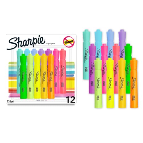 Sharpie Tank Highlighters, Assorted Colors, Chisel Tip, 12-Pack