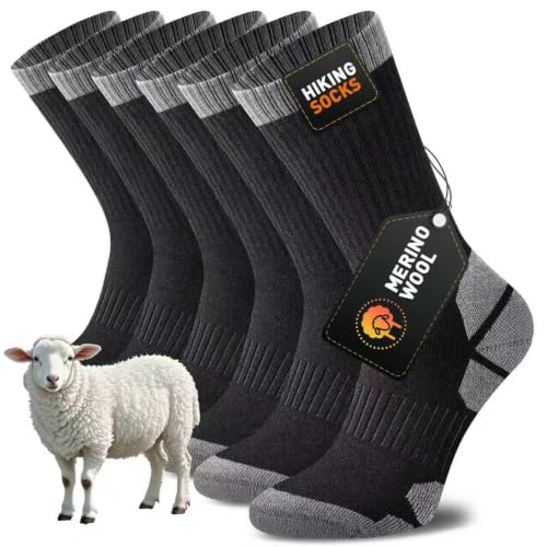 Niorasen Merino Wool Hiking Crew Socks for Men & Women, Thick Cushioned Anti-Blister, Moisture-Wicking, Seamless, 3 Pairs