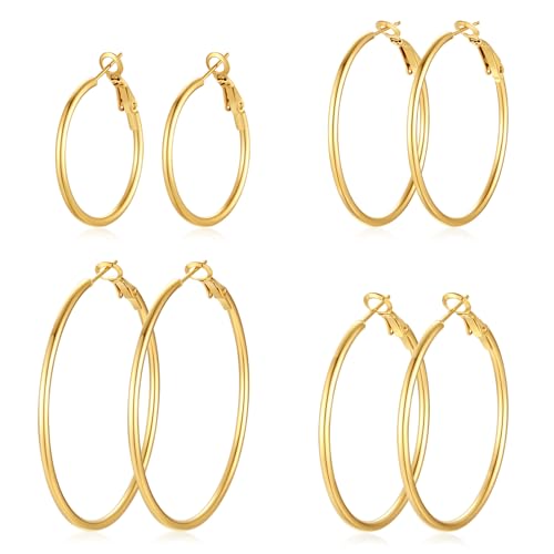 PICKBEAU Gold Large Hoop Earrings for Women 14K Real Gold Plated Hoops Set