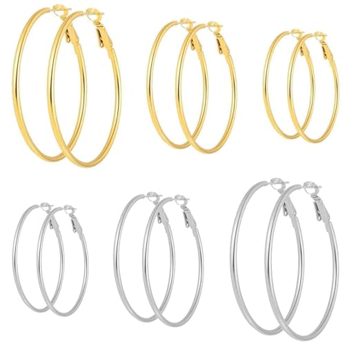 6 Pairs Gold Silver 316L Steel Hypoallergenic Hoop Earrings Set for Women